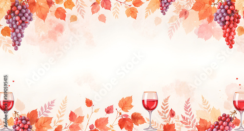 Autumn grapevine and wine glasses in watercolor style  