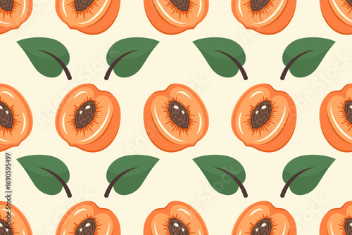 Apricot background. Fruit Seamless pattern. Fresh Apricot half with pit inside with leaf. Repeatable texture with whole juicy vitamin. Vector illustration for print, wallpaper, textile