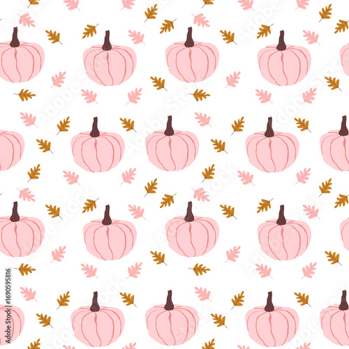 Cute seamless pattern with soft pink pumpkins and leaves, hand drawn. The image can be printed on wrapping paper and canvas, for children, posters or banners for websites. Autumn, Thanksgiving