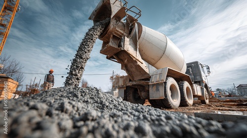 Concrete mixer truck pouring cement at construction site ready mix delivery for building project use