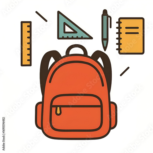 Backpack with School Supplies Icon Education Vector with Notebook Ruler Pen Triangle
