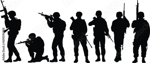 Group of armed soldiers in silhouette, standing and crouching, military unity, army team, defense force, black and white illustration