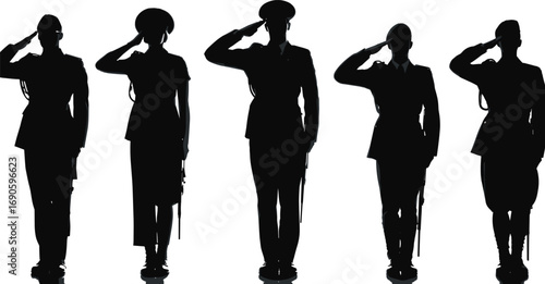 Military soldiers saluting silhouette, honor and respect, army tribute, male and female service members, black uniformed figures, ceremonial posture, defense