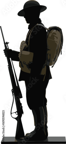 World War I soldier silhouette, vintage military figure, rifle in hand, battlefield stance, historical tribute, remembrance, army veteran, war hero