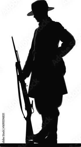 World War I soldier silhouette, vintage military figure, rifle in hand, battlefield stance, historical tribute, remembrance, army veteran, war hero