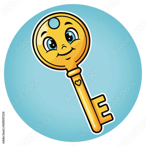 Smiling golden key character unlocking success and happiness, ideal for branding and design.
