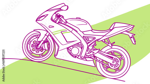 Outline illustration of a sports motorcycle on a green surface with purple line details showing design