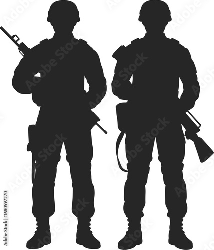 Two armed soldiers standing in silhouette, military comrades, black and white illustration, defense readiness, army teamwork, war zone, patriotic force