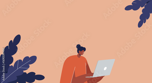 Illustration of a person focused on a laptop, representing remote work, online learning, or digital connection. Ideal for business, technology, and modern lifestyle themes.