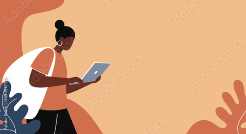 Young woman focused on her laptop in a modern, abstract setting. Ideal for themes of remote work, online learning, digital lifestyle, and creative professionals.