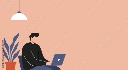 A focused man uses his laptop in a minimalist home office, ideal for remote work, online learning, or digital business. Modern lifestyle and productivity concept.