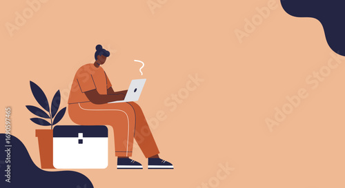 Illustration of a person working on a laptop, contemplating a task or solution. Ideal for concepts like remote work, freelancing, and digital learning.