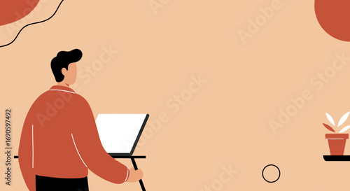 Professional illustration of a person focused on work at a laptop in a clean, modern remote workspace. Great for business, education, or freelance concepts.