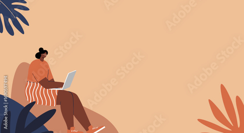 Young woman focused on her laptop, working remotely in a cozy, modern setting with tropical leaves. Ideal for digital nomad, freelance, or online learning concepts.