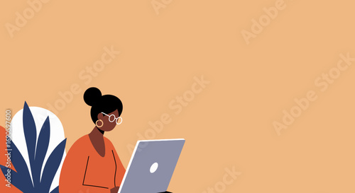 Focused woman works remotely on laptop, representing modern freelance, education, and digital lifestyle. Ideal for business, technology, and productivity concepts.