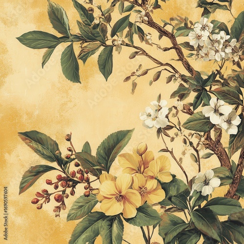 Wallpaper Mural Vintage drawing of white and yellow flowers and branches on a yellow background Torontodigital.ca