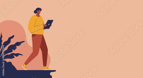 Stylish person walking outdoors while engaging with a digital tablet, symbolizing mobile connectivity, remote work, or modern lifestyle. Copy space for text.