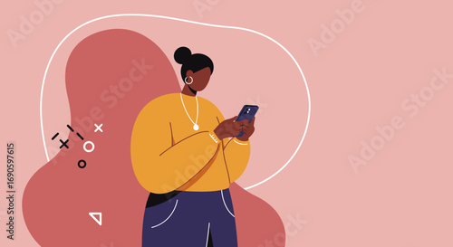 A modern woman using a smartphone for communication, social media, or online tasks, representing digital lifestyle and connectivity.