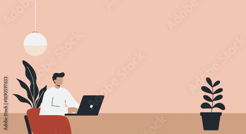 Focused man working remotely on a laptop in a minimalist home office with plants. Ideal for business, freelance, and modern lifestyle themes.
