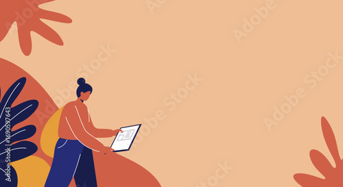 A modern flat illustration of a person using a tablet, symbolizing digital work, online learning, or creative productivity in a vibrant, natural setting.