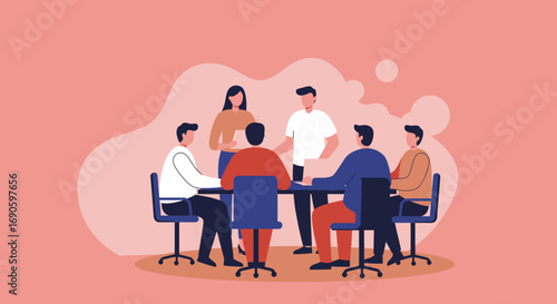 Diverse team collaborating in a modern office meeting, discussing business strategy and ideas. Ideal for corporate communication and teamwork concepts.