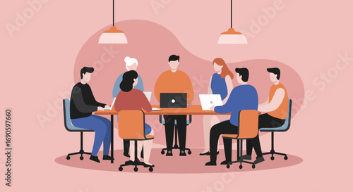 Diverse business team collaborating in a modern office, utilizing laptops for productive discussions and effective teamwork. Ideal for corporate, innovation, and communication concepts.