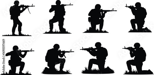 Eight kneeling soldier silhouettes aiming rifles, tactical military formation, black and white vector, combat ready troops, armed forces illustration, defense