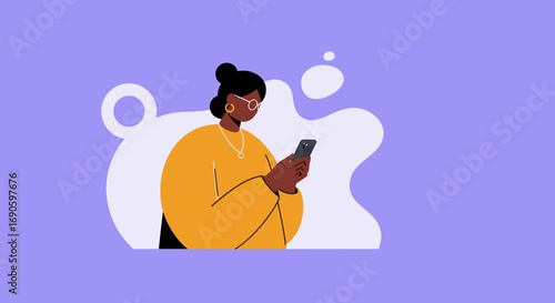 Stylish woman focused on her smartphone, embodying digital communication, online activity, and modern lifestyle. Ideal for technology, business, and social media concepts.