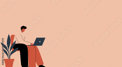 Illustration of a person working remotely on a laptop from home. Represents freelance, online education, and modern work-life balance.