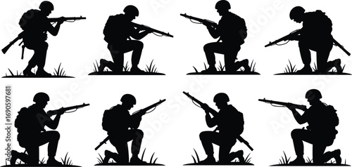 Eight kneeling soldier silhouettes aiming rifles, tactical military formation, black and white vector, combat ready troops, armed forces illustration, defense
