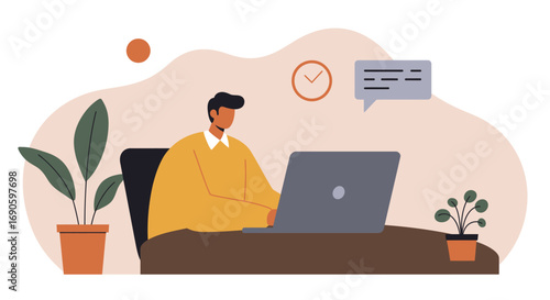 Man diligently working on a laptop at his desk with plants, symbolizing productivity, remote work, online communication, and modern business lifestyle.