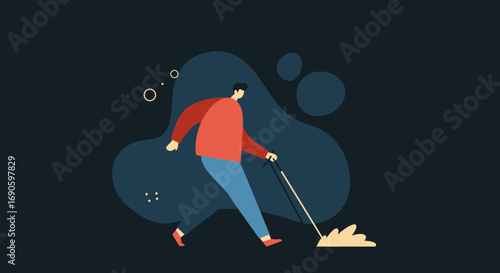 Illustration of a visually impaired man walking independently with a white cane, symbolizing accessibility, support, and modern lifestyle.