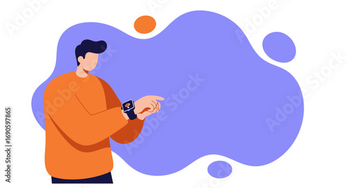 Young man checking smartwatch for notifications or information. Modern lifestyle, wearable technology, and digital connectivity concept with copy space.