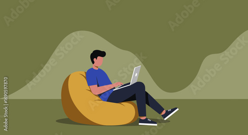 Person using a laptop on a comfy bean bag chair, illustrating remote work, freelance lifestyle, or online education with modern flexibility.