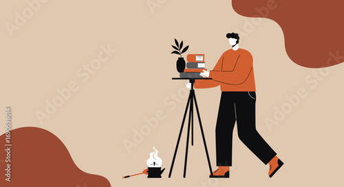 Illustrated man arranging books and a plant on a tripod, with a burning incense creating a cozy, focused atmosphere. Ideal for education, lifestyle, and home study concepts.