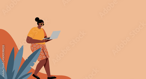 Stylish person working remotely on a laptop in a vibrant, natural setting, symbolizing modern productivity and a flexible digital lifestyle.