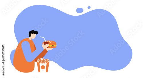 Minimalist illustration of a person enjoying fast food, featuring a burger, soda, and fries. Represents casual eating, quick meals, and a convenient lifestyle with copy space.