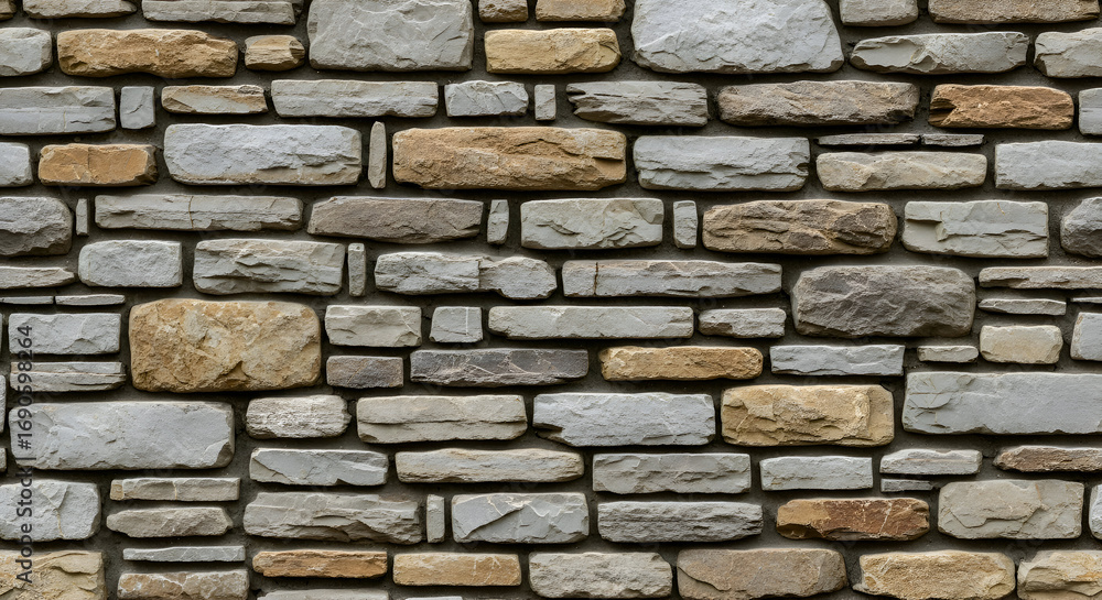 Fototapeta premium Close up view of a tan and gray stone wall pattern