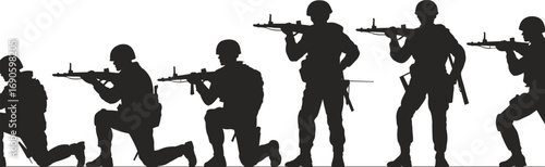 Silhouetted soldiers in battle-ready poses, military teamwork, army valor, combat readiness, honor, bravery, war heroes, armed forces tribute