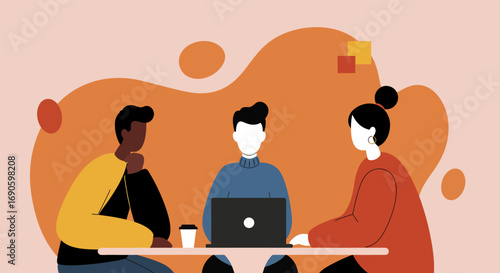 Diverse team collaborates on a business project in a modern office or coworking space, representing teamwork and innovation.