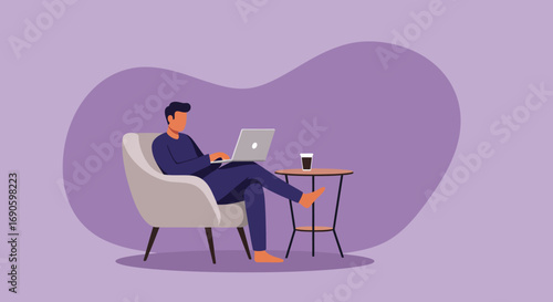 Man comfortably working on a laptop at home with coffee. Depicts remote work, freelance, or a relaxed digital lifestyle, emphasizing productivity and comfort.