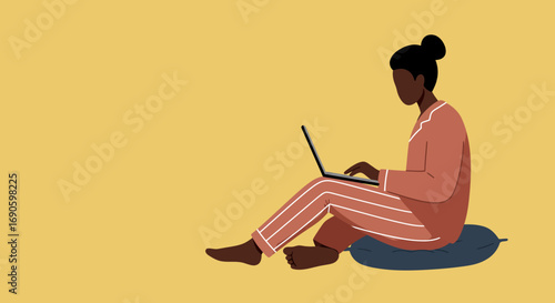 Person in pajamas comfortably working on a laptop, illustrating remote work, flexible hours, and a relaxed lifestyle. Suitable for business, home, and technology concepts.