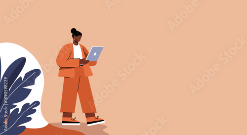Professional Black woman in an orange suit using a laptop, representing remote work, productivity, and modern business technology. Ideal for digital marketing or corporate concepts.