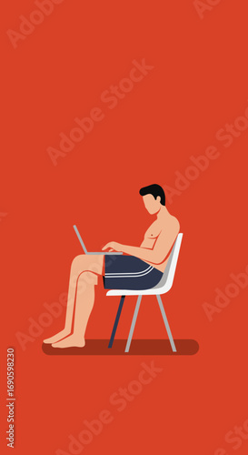 Man in swim shorts working on a laptop, symbolizing remote work flexibility, digital nomad lifestyle, or vacation productivity. Ideal for business and travel.
