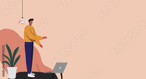 Illustration of a man standing at a laptop in a modern home office with a houseplant and lamp, ideal for remote work, education, or creative digital projects.