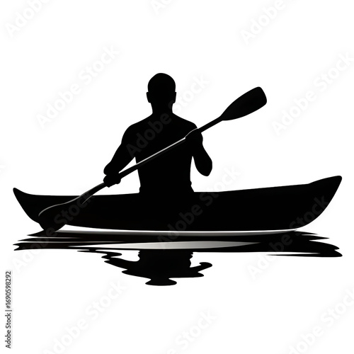 a black silhouette of a person in a boat or kayak on the water black on white background ,PNG. AI Generated.