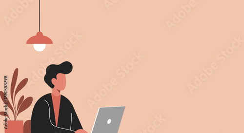 Minimalist illustration of a person focused on work using a laptop in a comfortable home office, embodying productivity and modern remote work.