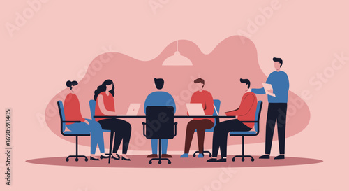 Diverse business team collaborating in a modern office meeting, discussing strategies and ideas with laptops. Represents teamwork, innovation, and productivity.