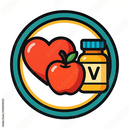 Health and Nutrition Circle with Heart Apple and Vitamin Bottle Illustration