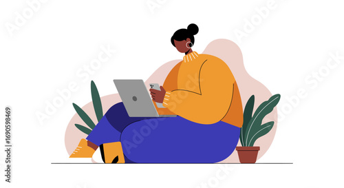 A person comfortably working or studying remotely with a laptop and smartphone in a modern, relaxed environment. Represents productivity and digital lifestyle.